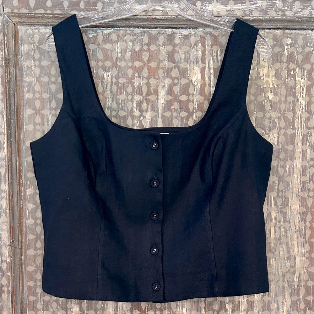Boden Navy Linen Square Neck Lined Button Front Vest Size 12